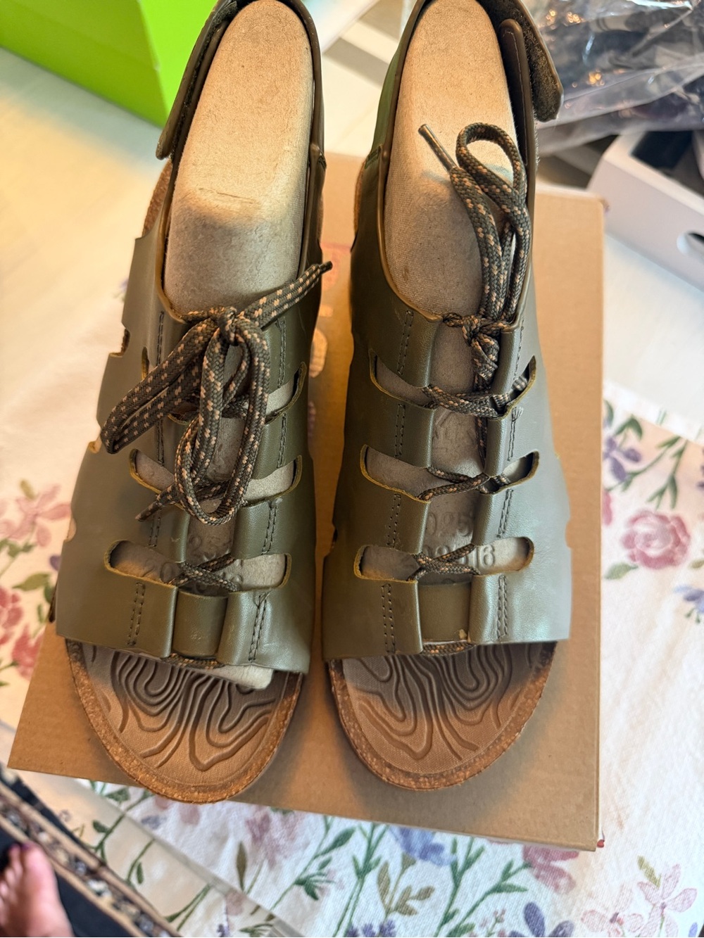 Bionica Olive Green Lace-Up Comfort Sandals
